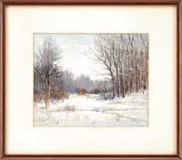 F M Kitchener, Winter Solitude, Watercolor scene shows a crossed path in deep snow with opening in woods