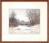 F M Kitchener, Winter Solitude, Watercolor scene shows a crossed path in deep snow with opening in woods