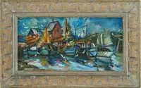 Alfredo Czerepak, Rockport Harbor, Oil on board scene shows several fishing boats moored to wharf with red building