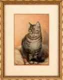 Henry A.H. Brandt, Tiger Cat, Fine watercolor of a seated tiger cat with green eyes seated on a pillow and looking slightly left