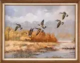 D Deluca, Canada Geese, Oil on canvas scene shows six geese flying into marshy area with fall colors under gray skies