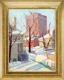 Sadie H Lowes, Winter in Chicago, Oil on panel shows heavy snow that has fallen on a city residential area with tall building in background