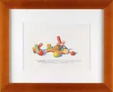 Gayle Blair Tate, Two Watercolors, 1) Watercolor on paper scene shows a metal toy of a monkey on a tricycle
