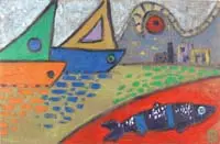 Daniel Martínez, Two Works, Both oil on masonite scenes of sailboats and fish