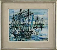 Cotton, Abstract Sailboat Race, Oil on masonite abstract scene shows five single mast sailboats on tranquil water with blue and white sky