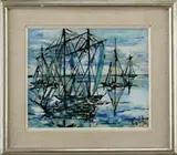 Cotton, Abstract Sailboat Race, Oil on masonite abstract scene shows five single mast sailboats on tranquil water with blue and white sky
