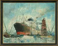Perre, Amsterdam, Oil on canvas scene shows the large cruise ship being pulled out of dock by a small tugboat