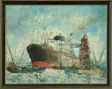 Perre, Amsterdam, Oil on canvas scene shows the large cruise ship being pulled out of dock by a small tugboat