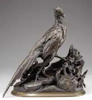 Jules Moigniez, Pheasant, Bronze depicts a pheasant on rocky plinth and tree stump startled by an otter
