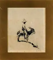 Ross Santee, Slow Going, Limited edition etching shows a man on a burro on a small hill