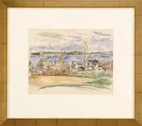 Maine Coast by Waldo Peirce, Watercolor scene shows an inlet with large dock surrounded by a tree lined shoreline with houses in the foreground, sold Feb 2007