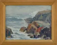 Frederick Julian Ilsley, Gray Day on the Maine Coast, Oil on board coastal scene shows a large rock shoreline being hit by large wave. Sea is in gray and white under gray sky