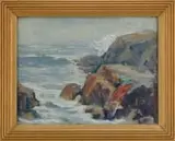 Frederick Julian Ilsley, Gray Day on the Maine Coast, Oil on board coastal scene shows a large rock shoreline being hit by large wave. Sea is in gray and white under gray sky