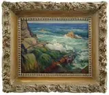O. Victor Humann, Monhegan Island, Maine, Oil on board scene shows Monhegan’s rugged coastline with waves on seaweed covered rock