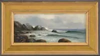 Coastal Seascape by George McConnell, Oil on board scene shows coastal rocks with small waves and two sails in the distance, sold Feb 2007