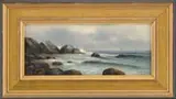 George McConnell, Coastal Seascape, Oil on board scene shows coastal rocks with small waves and two sails in the distance