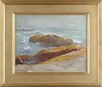 Alice Kent Stoddard, Monhegan Ledges, Oil on canvas board shows a seaweed covered rock with gray-green water