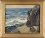 Rosamond Cheney, Lobster Cove, Monhegan, Oil on masonite coastal scene shows waves against large rocks