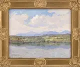 Benjamin Tupper Newman, The Mountains from Albert Stearn’s Place, Lovell Center, Maine, Oil on board scene shows blue hills and mountains beyond a tree and grass lined lake. All under a cloud and blue sky