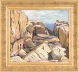 George Bellows, Monhegan 1913, Oil on canvas scene shows rocky shoreline with tidal pools, ocean beyond and some sky. Painting with broad-brush strokes