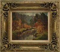 Anthony Thieme, Trees by a River, Oil on masonite landscape scene shows a small river with grassy banks having trees in background