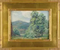 Charles Craig, Summer Landscape, Oil on canvas scene shows trees and field below a large mountain under blue and cloud sky