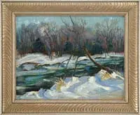 Winter River by Everett Warner, Oil on canvasboard winter landscape shows a river with snowy banks and trees, sold Feb 2007