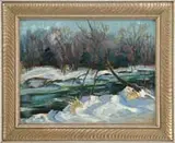 Everett Warner, Winter River, Oil on canvasboard winter landscape shows a river with snowy banks and trees