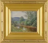 Francis Stillwell Dixon, Green Spring, Oil on masonite scene shows a fisherman in small stream in late spring