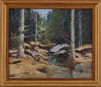 Cecil Vezin Grant, Spring Woods, Oil on canvas scene shows a rock lined brook with remnants of the winter snow. Trees in the brook with blue sky above