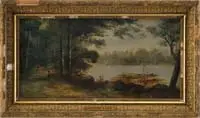 George Inness, Spring Lake, New Jersey, Oil on canvas scene shows two figures walking along dirt road next to a lake with sailboat lined with trees