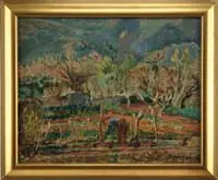 Jacques Chapiro, Le Jardin 1941, Oil on wood panel scene shows a man bent over working in a garden with hill landscape dotted with homes