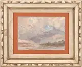 In the Blind by Frank Weston Benson, Watercolor scene shows a V-formed flight of ducks flying over a marshy area with cloud and blue sky, sold Feb 2007