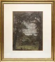 Henry Muhrmann, View of Highgate 1899, Pastel scene shows a landscape viewed through two large trees with buildings and grass lawn