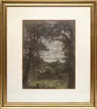 Henry Muhrmann, View of Highgate 1899, Pastel scene shows a landscape viewed through two large trees with buildings and grass lawn