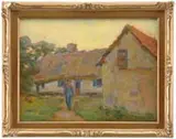 Frank Townsend Hutchens, Peasant’s Home in Picardy, Oil on board scene shows a connected country farmhouse. A man with overalls walks down a path toward the front door