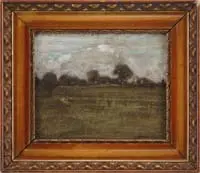 Henry Muhrmann, Hampstead Heath, Pastel landscape shows green field with trees under a white and blue sky