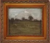 Henry Muhrmann, Hampstead Heath, Pastel landscape shows green field with trees under a white and blue sky