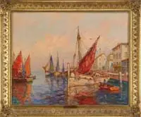 W C Kent, Harbor Town, Oil on canvas Mediterranean harbor scene shows several sailboats in tranquil harbor with buildings