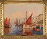 W C Kent, Harbor Town, Oil on canvas Mediterranean harbor scene shows several sailboats in tranquil harbor with buildings