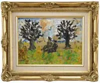 Two Trees by Sacha Moldovan, Oil on board scene shows two people seated between two black trees under a blue sky, sold Feb 2007