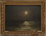 L. Birge Harrison, Harbor Under Full Moon, Oil on wood panel scene shows a ship in dark harbor with a full moon casting light on dark water