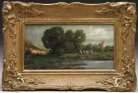 Initialed, Farm in Landscape, Oil on wood panel depicting figures and animals in a landscaped scene with cottage in the background