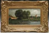 Initialed, Farm in Landscape, Oil on wood panel depicting figures and animals in a landscaped scene with cottage in the background