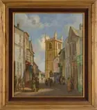 C. H. Burleigh, Untitled, Oil on canvas scene depicting a European street scene with numerous figures. In gold frame
