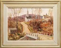 Richard G. Sigafoos, Church in the Hills, Oil on panel depicting village street with church