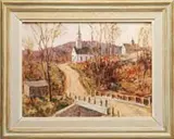 Richard G. Sigafoos, Church in the Hills, Oil on panel depicting village street with church