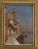 G. Vivian, Venetian Scene, Oil on canvas depicting Venetian buildings and gondoliers. In what appears to be original gold gesso frames