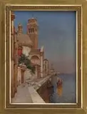 G. Vivian, Venetian Scene, Oil on canvas depicting Venetian buildings and gondoliers. In what appears to be original gold gesso frames
