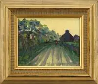 Franklin Edward Morris, Maine Country Road, Oil on masonite scene shows two figures on a road lined with trees walking toward a farmhouse